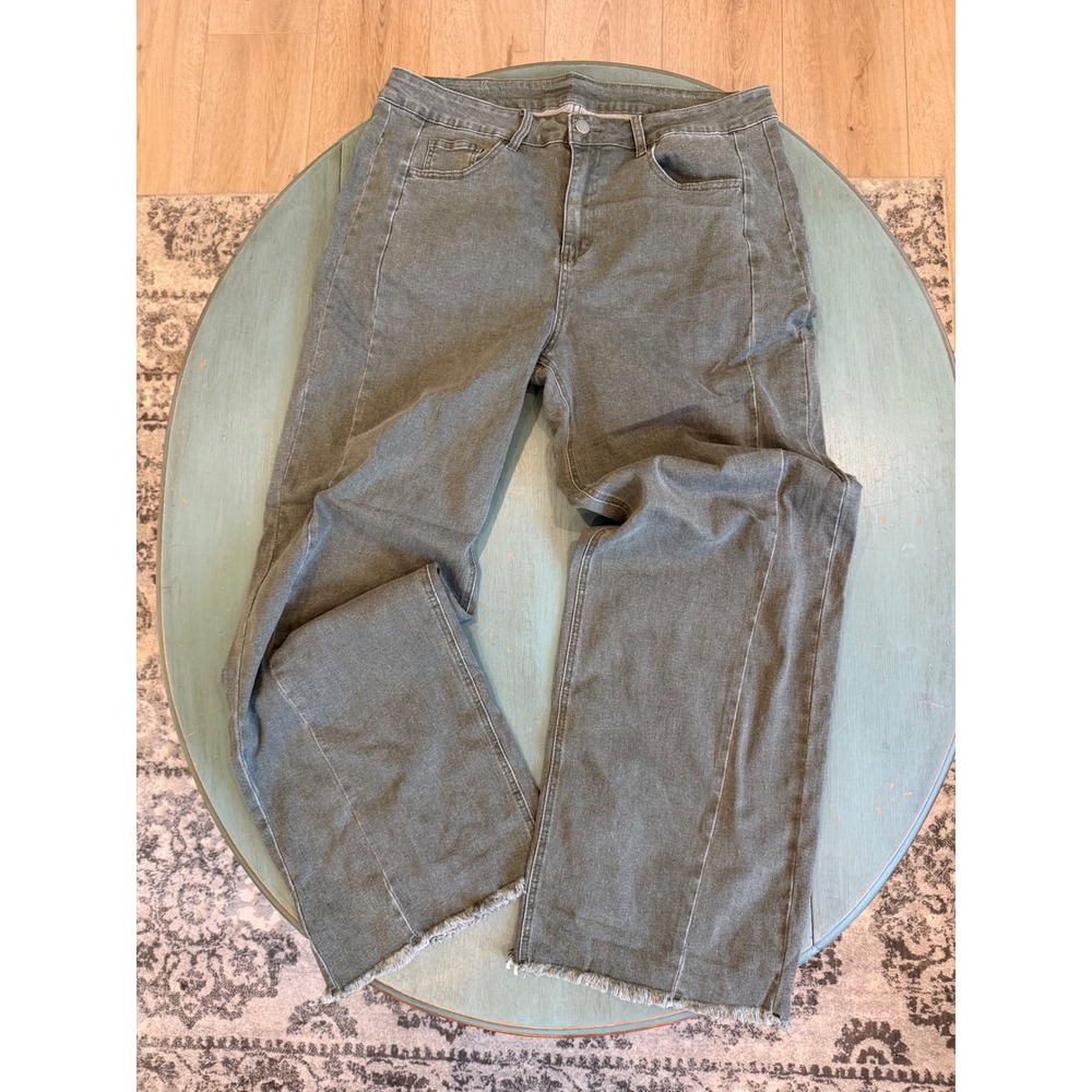 Sidefeel Wide Leg Jeans Olive‎ Green Raw Hem High Waist Size 18 Stretch Denim